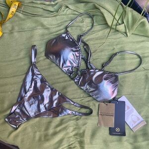 VIX by Paula Hermanny NWT Sz M Bikini Set Iridescent Metallic Silver Adjustable